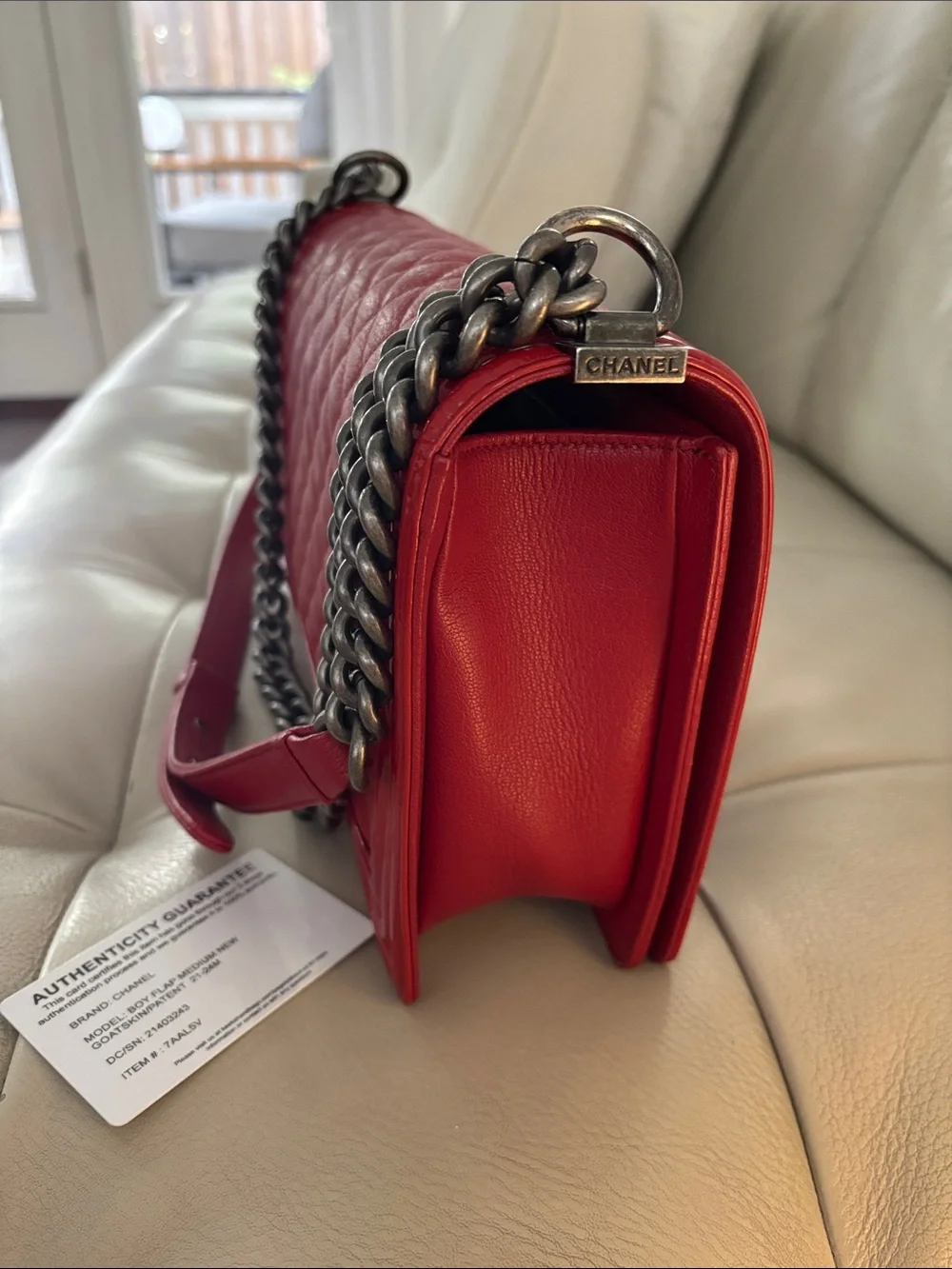 CHANEL Boy Red Quilted Leather Shoulder Bag with Chain Strap- Medium